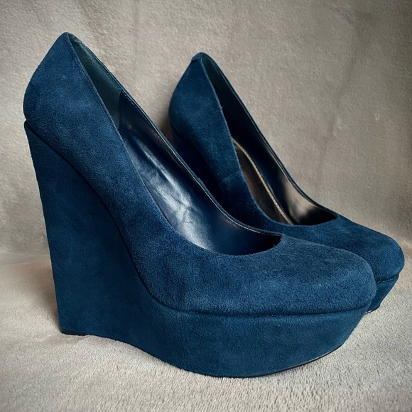 Bakers Shoes - BAKERS Mona2 Blue Suede Platform Wedges